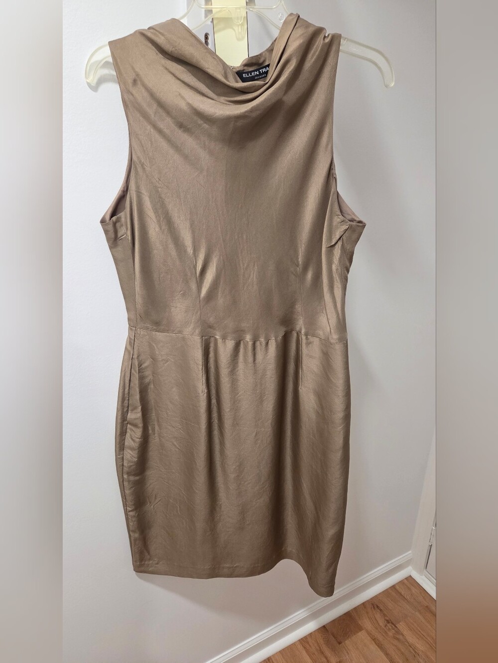 Ellen Tracy Taupe Sleeveless Cowl-Neck Dress 100% Silk